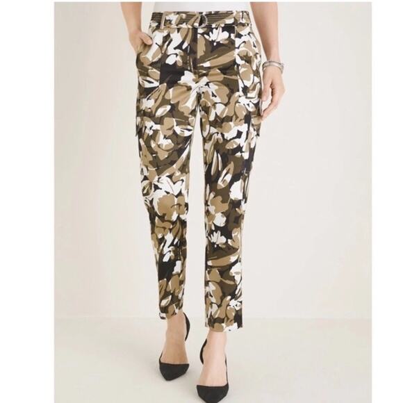 Chicos Camo Floral Ankle Cargo Pants Slim Leg Satin Belt Black Tan Size 2 Large - Picture 1 of 16